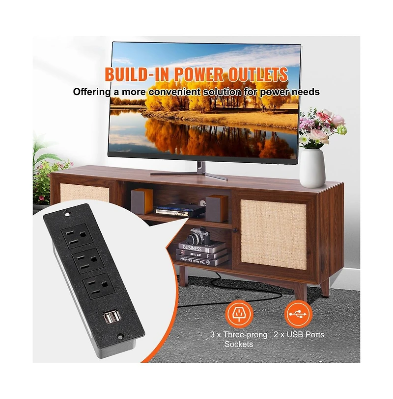 Sugift Rattan Tv Stand for 75 in Tv, 66 in Boho Entertainment Center with Built-In Power Strip and Storage Cabinets