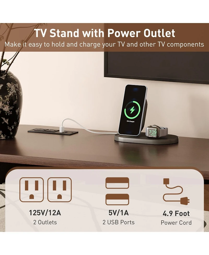 Rainsken 70 Inch Mid Century Modern Tv Stand, for 80 Inch Tv, with Power Outlet and Sliding Door, for Living Room, Bedroom
