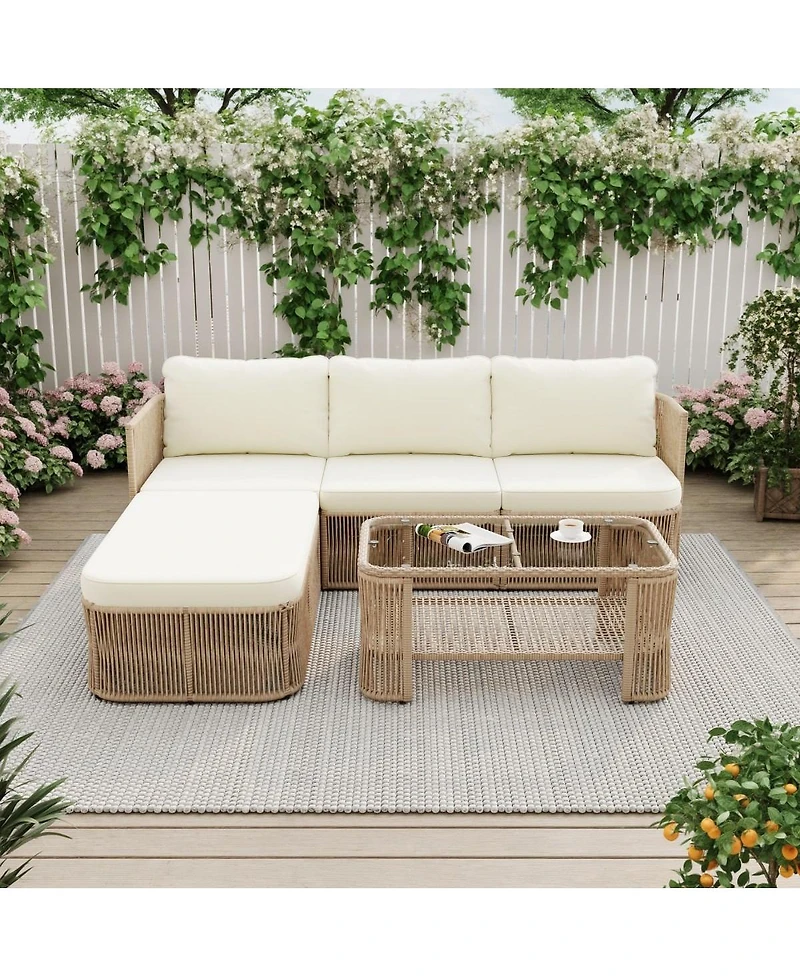 Asagikoiai Pe Rattan Outdoor Sectional Sofa Set with Cushions and Coffee Table