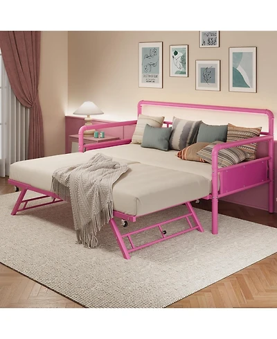 gaomon Twin Daybed with Foldable Metal Trundle, Heavy Duty Steel Slats Support, Sofa Bed Frame for Living Room or Guest Room, Noise Free