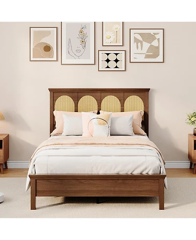 gaomon Full Bed Frame with Rattan Headboard – Wooden Platform Bed with Storage Shelf and Under Bed Storage, Silent Slats, No Box Spring Needed