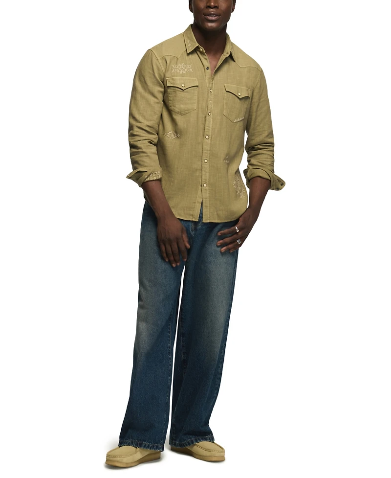 Lucky Brand Men's Slub Cross Hatch Western Shirt
