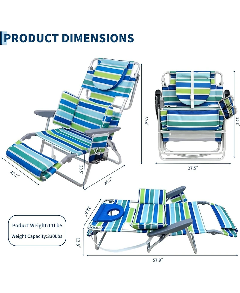 gaomon 1 Pack Outdoor 3-in-1 Beach Chair, Folding Tanning Lounger with Face Hole