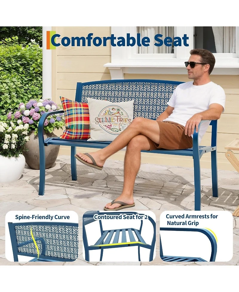 gaomon 50 Inch Metal Garden Bench Weather-Resistant Steel Patio Seat, Curved Spine-Friendly Backrest for Yard, Deck, Porch