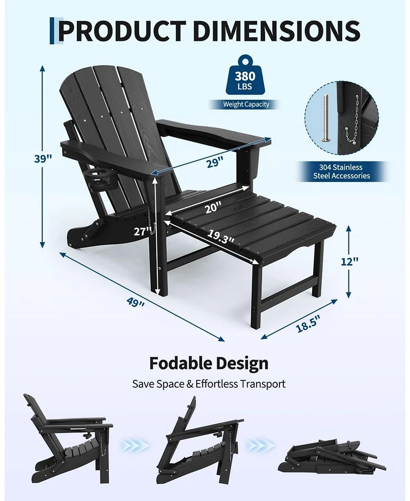 gaomon 2 Piece All-Weather Hdpe Outdoor Folding Adirondack Rocking Chair with Retractable Ottoman for patios, Decks, Gardens