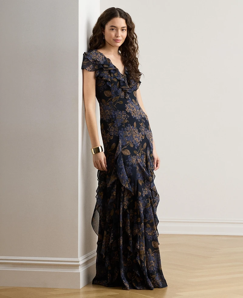 Lauren Ralph Women's Floral Ruffle-Trim Georgette Gown