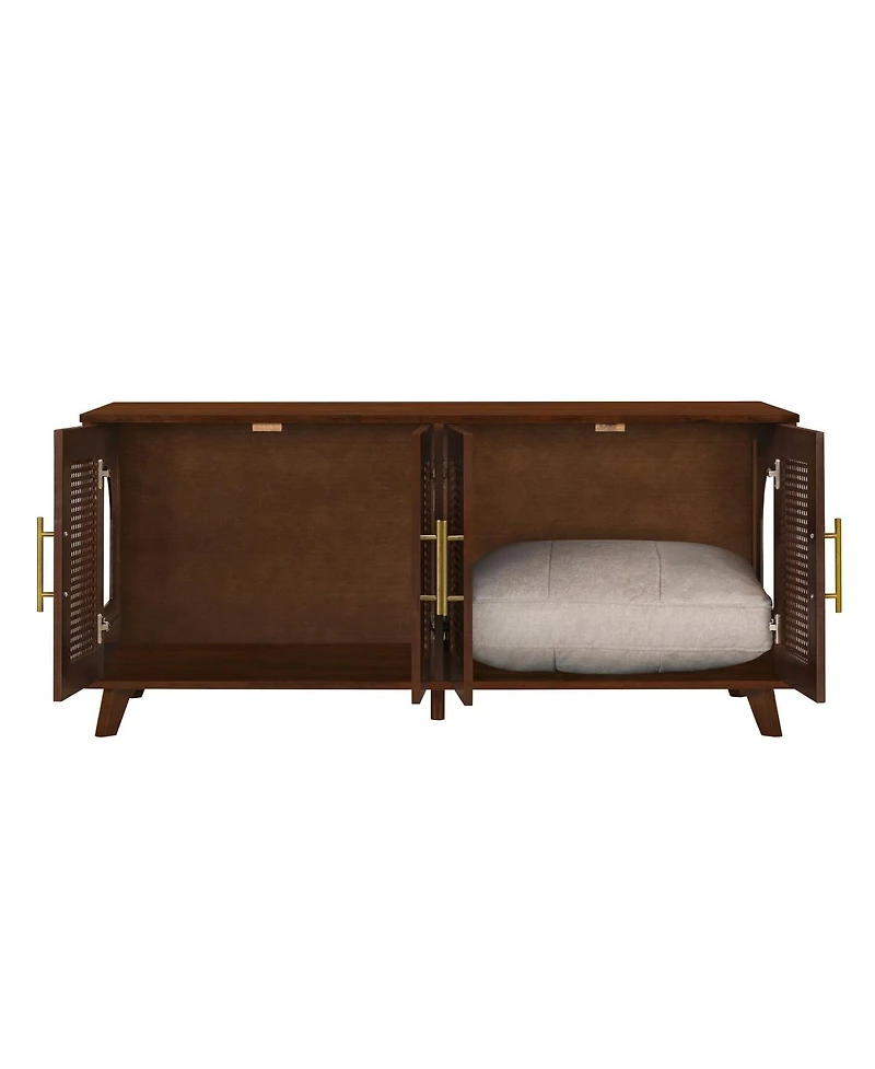6thdruple Hidden Cat Cabinet, Modern Rubber Wood and Rattan Furniture with Cushion for Living Room