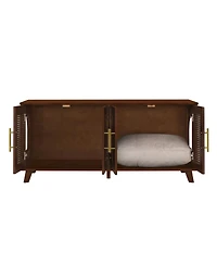 6thdruple Hidden Cat Cabinet, Modern Rubber Wood and Rattan Furniture with Cushion for Living Room