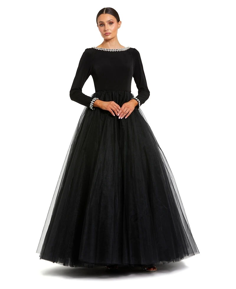 Mac Duggal Petite Embellished Jersey Long Sleeve Ballgown With Tulle Skirt