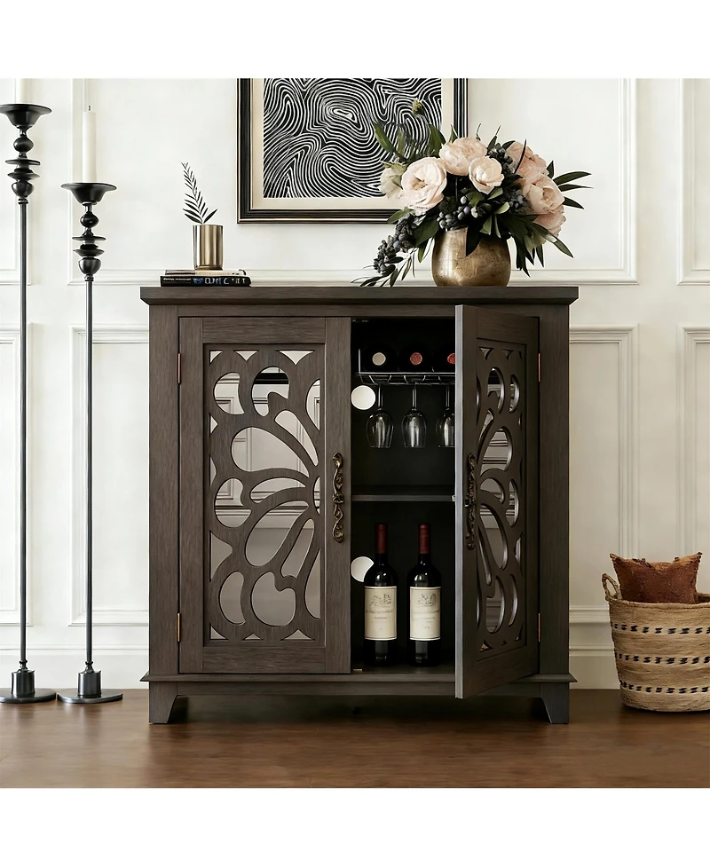 Clihome Acrylic Mirror Door Buffet Cabinet, Mdf Hollow-Carved Accent Cabinet Storage Sideboard with Adjustable Shelves