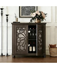Clihome Acrylic Mirror Door Buffet Cabinet, Mdf Hollow-Carved Accent Cabinet Storage Sideboard with Adjustable Shelves