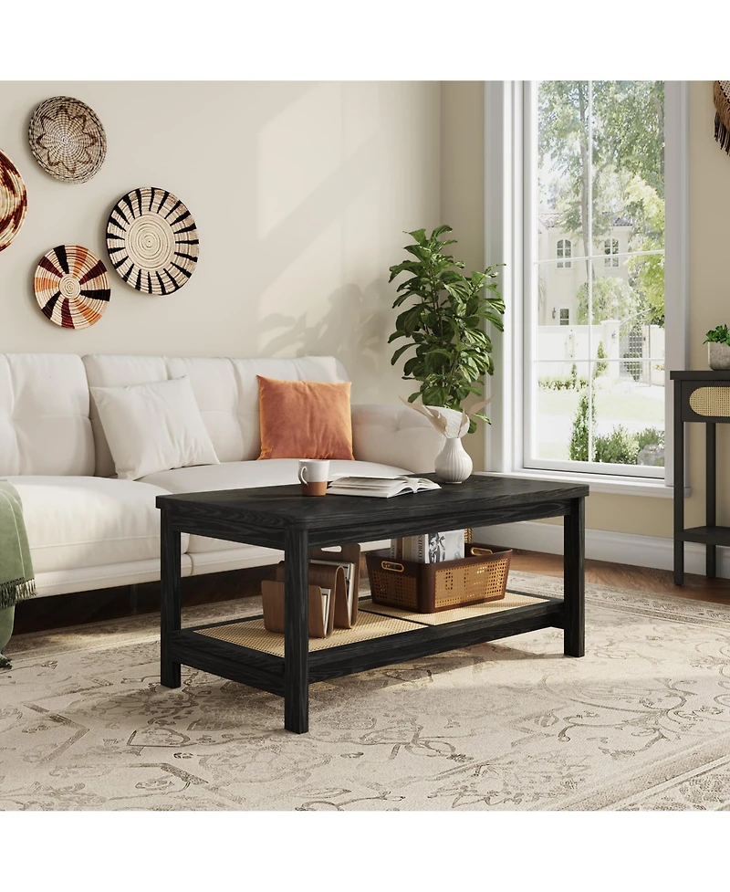 Two-Tier Rectangular Coffee Table with Perforated Lower Storage Shelf, Minimalist Frame Design Multi-Purpose Accent for Living Room