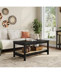 Two-Tier Rectangular Coffee Table with Perforated Lower Storage Shelf, Minimalist Frame Design Multi-Purpose Accent for Living Room