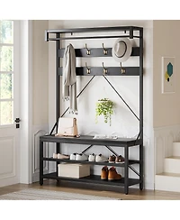 homfan Multifunctional Hall Tree Coat Rack, Heavy Duty Steel Wood Entryway Storage Bench with Hooks and Shelves