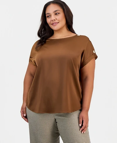 Jones New York Plus Satin Short-Sleeve Shoulder Button Detail Blouse