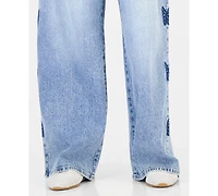 Madden Girl Juniors' 90s Skater High-Rise Wide-Leg Butterfly Embroidery Jeans