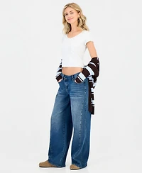 Madden Girl Juniors' Asym Elastic Back Waist High-Rise Wide-Leg Jeans