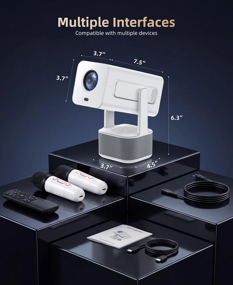 Sugift Mini Projector with WiFi 6 and Bluetooth 5.2 Built-in Apps for Bedroom Portable Projector Smart Keystone 1080P 4K Support with 2 Wireless Mics