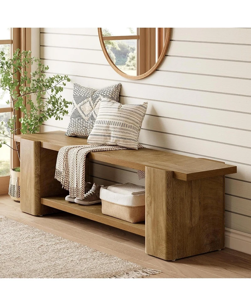 Tribesigns Wood Entryway Bench: 63" end of bed bench with storage shelf. Farmhouse shoe bench for entryway, dining room, hallway.