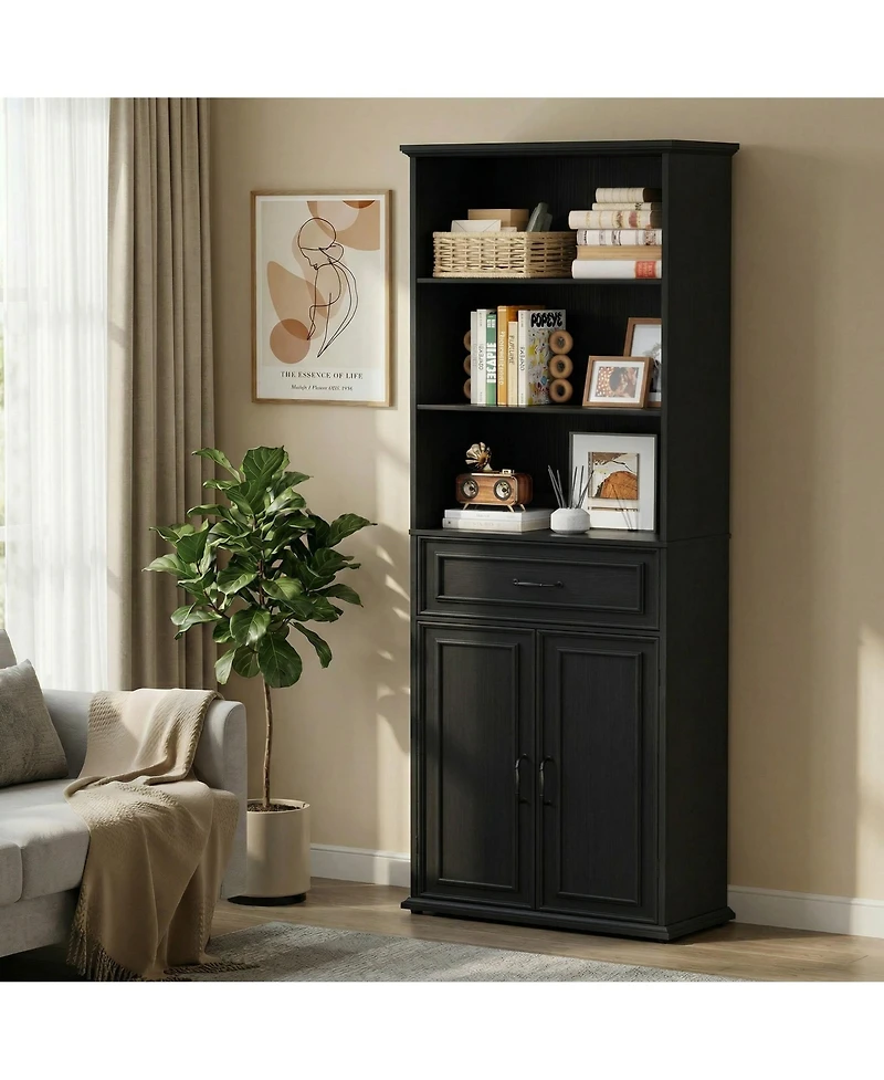 Aheaplus 80-In Tall Bookcase with Wood Drawers and Display Shelving