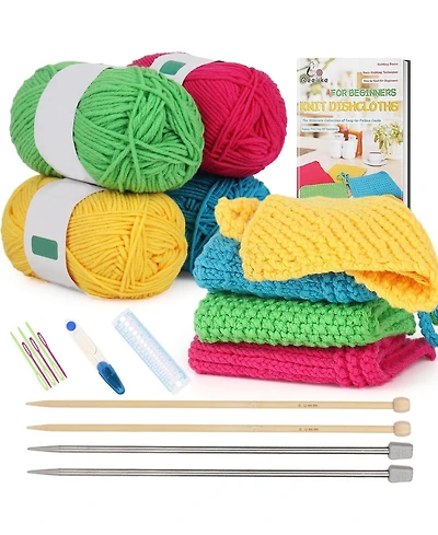 Aeelike Knitting Kit for Beginners, Complete Beginner Knitting Set with Needles and Cotton Yarn, Learn to Knit Dishcloth