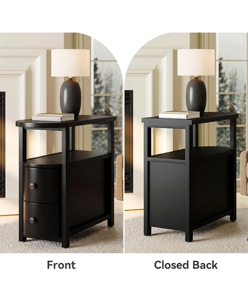 Tribesigns Solid Wood End Table with 2 Drawers and Open Shelf:No assembly required.Black side table for living room couch,slim nightstand for bedroom