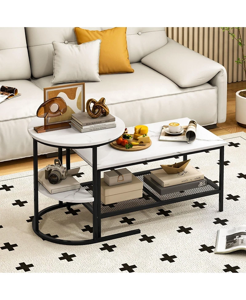 Sugift 2-Tier Coffee Table and Side End Table Set with Faux Marble Tops and Storage Shelves