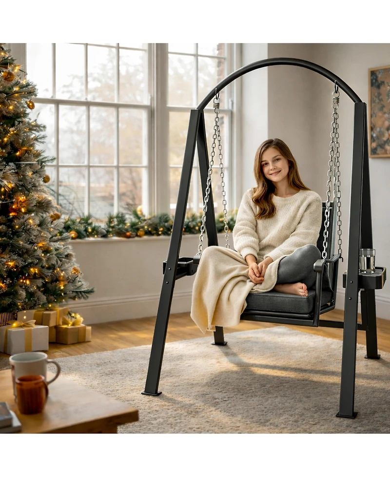 Pamapic 1 Person Porch Swing With Heavy-duty Metal Frame, Dual Side Trays And Adjustable Chains