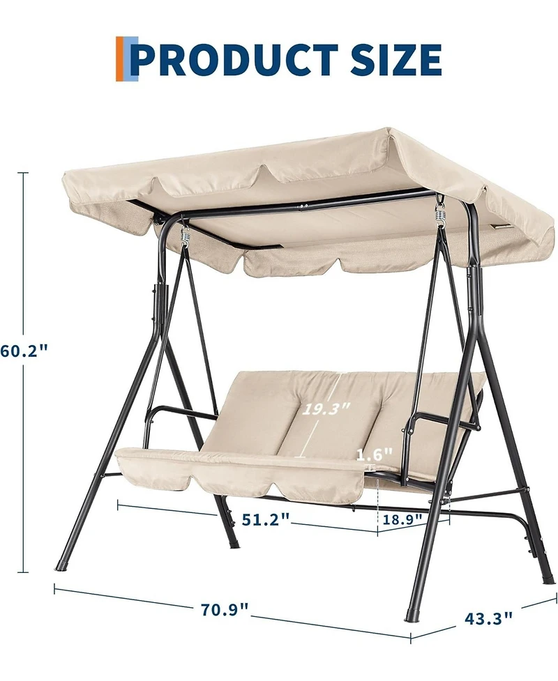 gaomon 3-Seat Outdoor Swing Chair -Weather-Resistant, Adjustable Canopy, Thick Cushions, 500 lbs Capacity for Patio or Porch