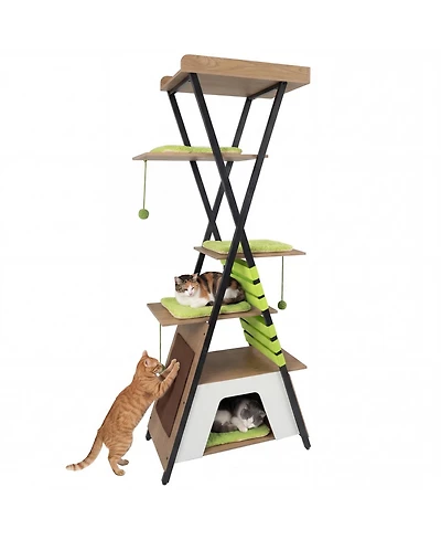 Costway 73" Wooden Multi-level Cat Tower with Elevated Perch, Large Condo, Dangling Balls
