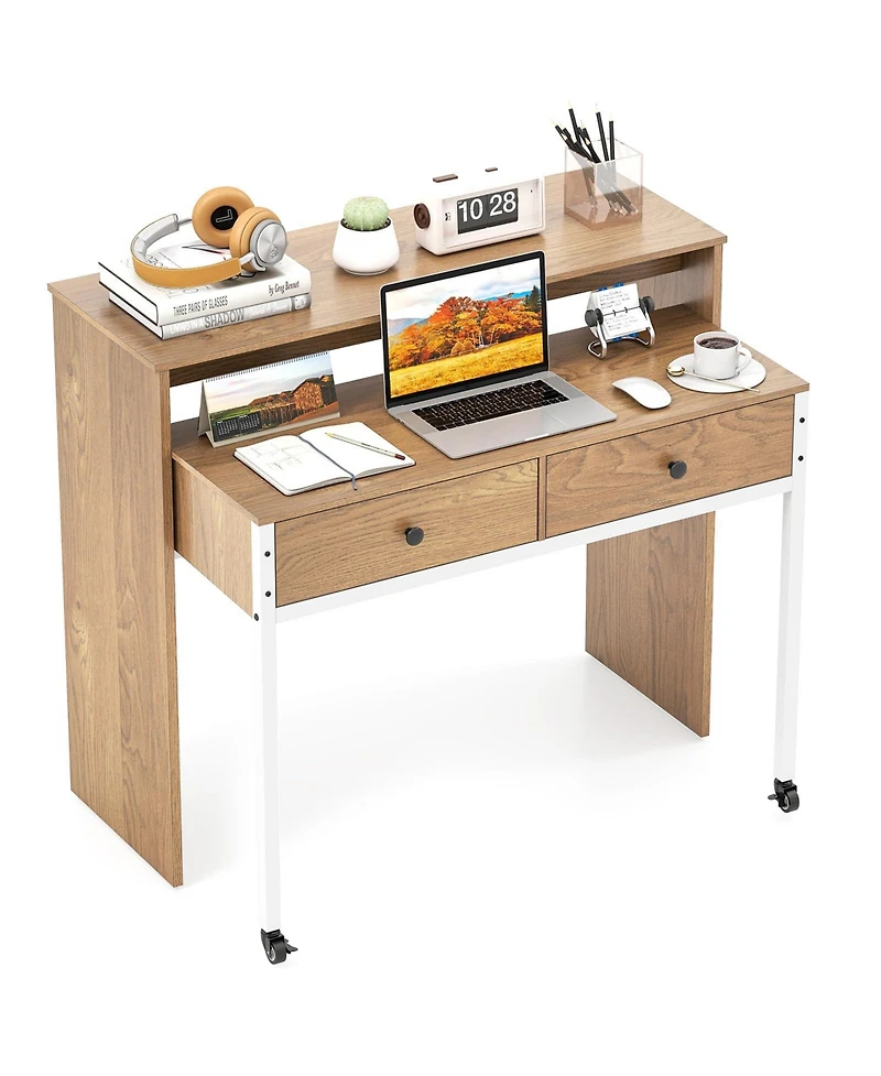 Mecale Extendable Computer Desk with Pull-Out Secondary Desk, Space-Saving Workstation