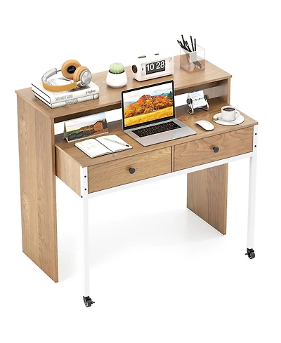 Mecale Extendable Computer Desk with Pull-Out Secondary Desk, Space-Saving Workstation