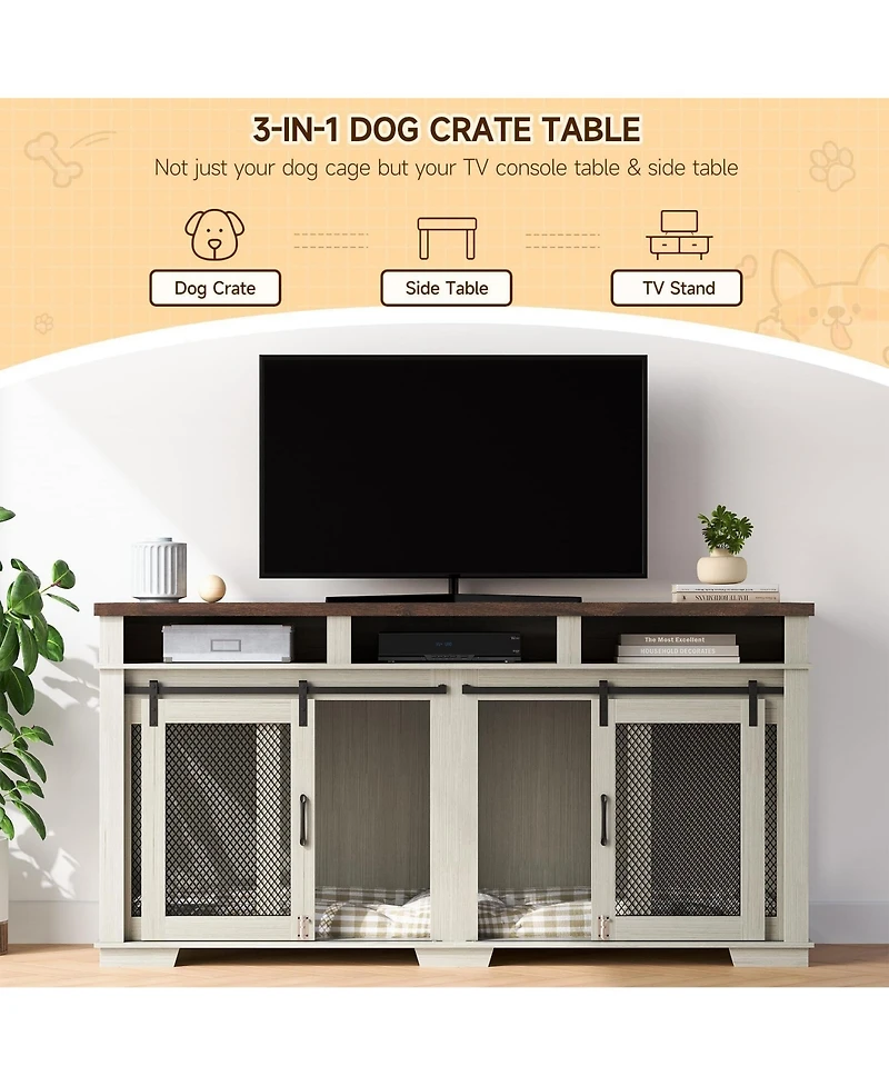 gaomon 71'' Heavy Duty Double Dog Crate Coffee Table - Pet Kennel with 3 Storage Drawers, Removable Divider, Sliding Barn Door