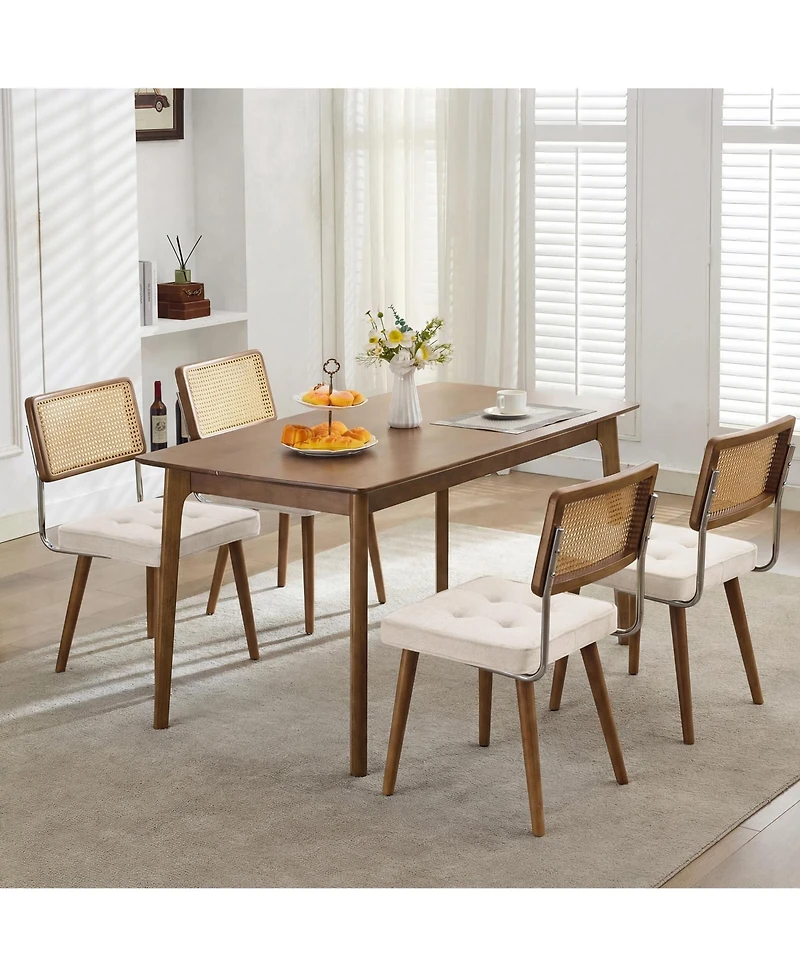homfan Rattan Dining Chairs Set of 2, Pu Upholstered Tall Cane Back, Button Design, Wood Legs