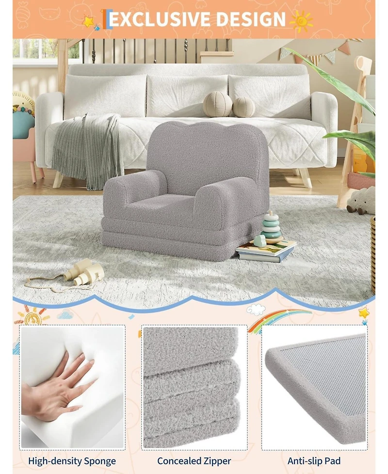 gaomon Kids Couch, 2-in-1 Comfy Toddler Couch Fold Out, Convertible Sofa to Lounger Foam Kids Chair with Soft Sherpa