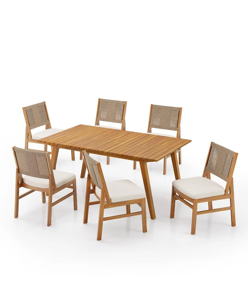 Asagikoiai 7-Piece Acacia Wood Patio Dining Set, Teak Table and Wicker Chairs with Cushions