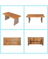 Asagikoiai 6-Piece Acacia Wood Outdoor Dining Set with Wicker Chairs and Bench