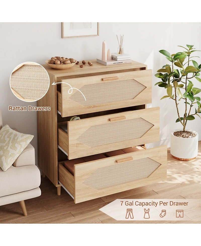 homfan Rattan 3-Drawer Dresser Cabinet with Wood Legs, Modern Storage Organizer for Bedroom, Living Room, Entryway, Hallway