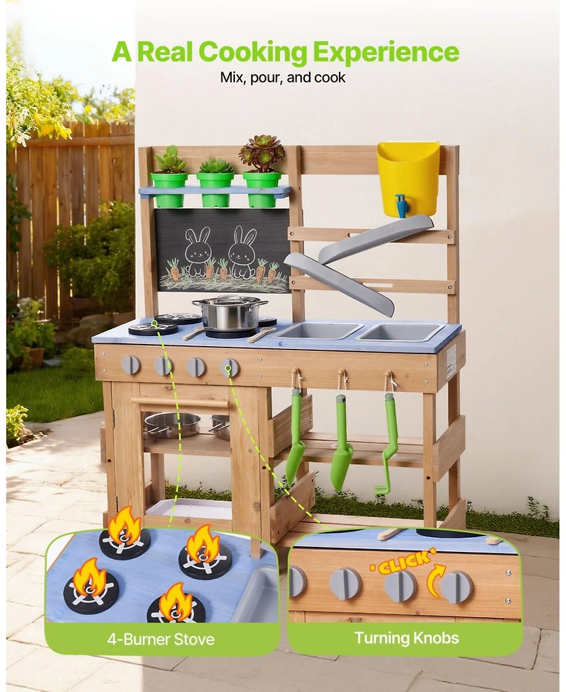 Mecale Kids Outdoor Mud Kitchen, Wooden Play Kitchen with Stove, Hooks & Sink, Shovels, Spatulas, Handle, Cookware Pots & Accessories
