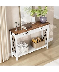 homfan Industrial Console Table, 2-Tier Narrow Sofa Table with Drawers and Open Shelf