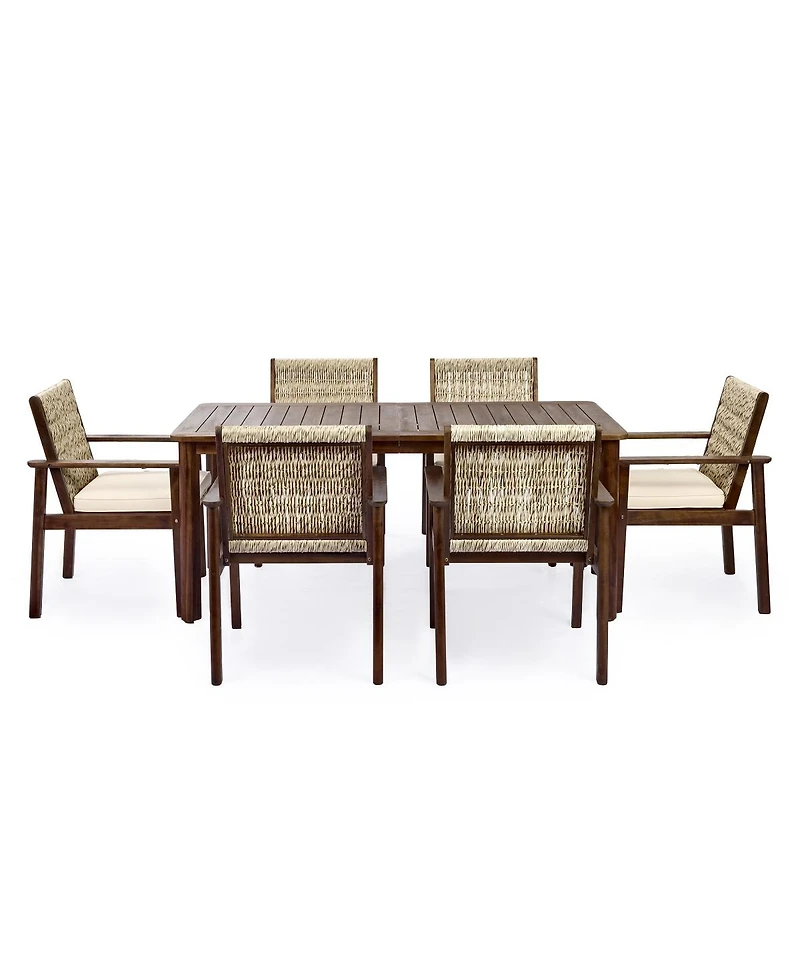 Asagikoiai 7-Piece Acacia Wood Outdoor Dining Set with Cushions and Wicker Chairs