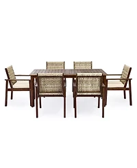 Asagikoiai 7-Piece Acacia Wood Outdoor Dining Set with Cushions and Wicker Chairs