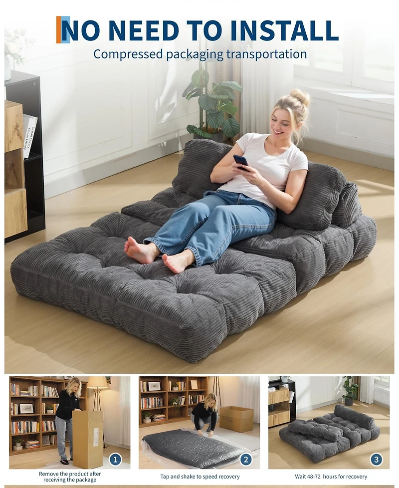 homfan 3-in-1 Folding Sofa Bed - Foldable Mattress with Pillow and Back Support, Portable Floor Sofa for Living Room or Bedroom, No Assembly