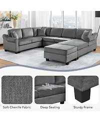 Clihome Sectional Sofa U-shaped Sofa with Movable Storage Ottoman