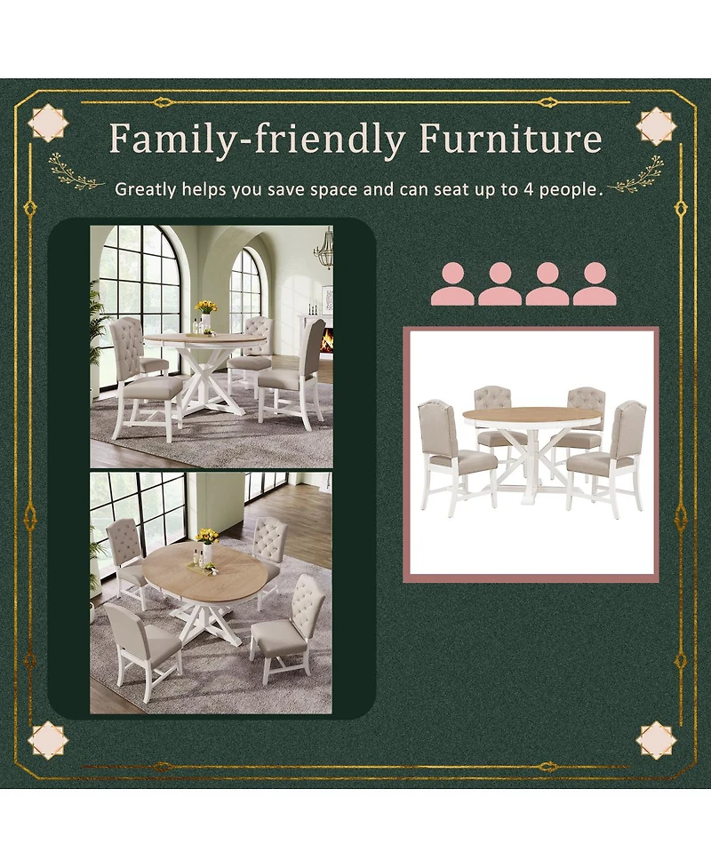 Streamdale Furniture Retro Extendable Dining Table Set with 4 Upholstered Chairs