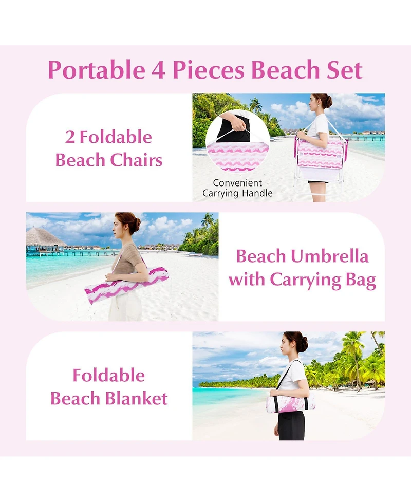 Sugift 4 Pieces Beach Umbrella Set with 2 Foldable Chairs and Picnic Blanket