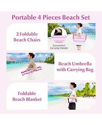 Sugift 4 Pieces Beach Umbrella Set with 2 Foldable Chairs and Picnic Blanket