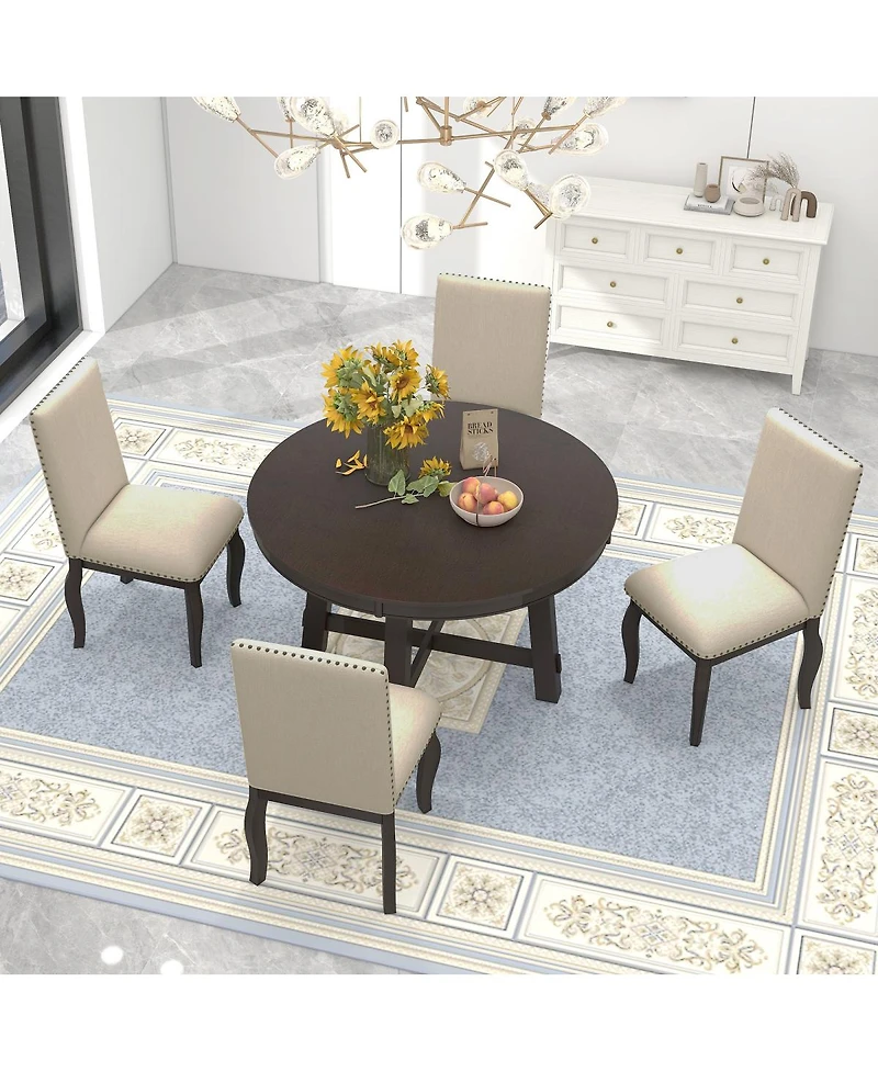 Streamdale Furniture 5-Piece Extendable Round Farmhouse Dining Set with 4 Upholstered Chairs