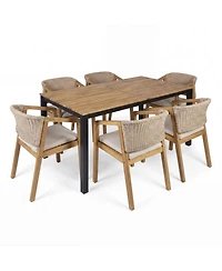 Asagikoiai 7 Piece Acacia Wood Patio Dining Set with Rope Chairs and Cushions