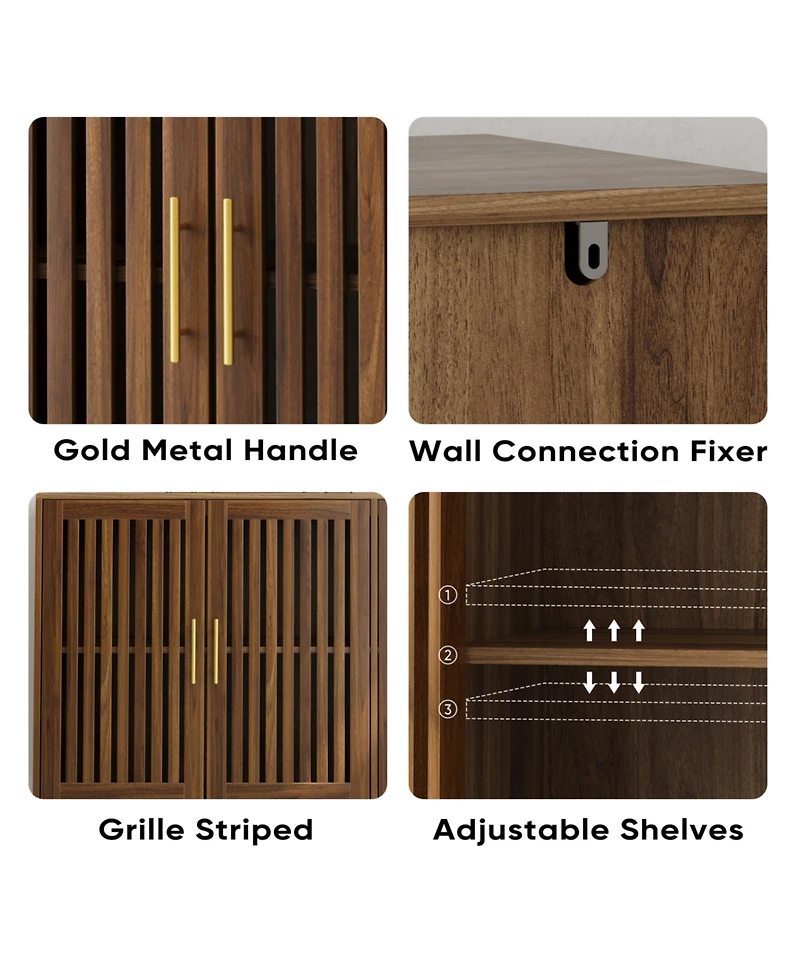 Boyel Living 63-Inch Sideboard Buffet Cabinet with Storage, Grille-Striped 4 Doors Accent Cabinet for Dining Room, Living Room, Kitchen and Entryway